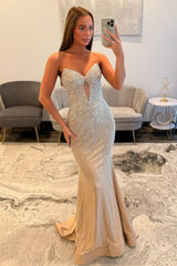 Sparkly Champagne Mermaid Strapless Long Beaded Prom Dress with Cutout