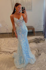 Sparkly Light Blue Mermaid Spaghetti Strap Sequin Prom Dress