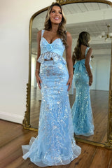 Sparkly Light Blue Sequin Lace Mermaid Prom Dress with Bow Back and Ruffle Peplum Design