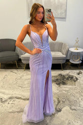 Sparkly Lilac Spaghetti Straps Long Beaded Prom Dress with Side Slit