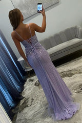 Sparkly Lilac Spaghetti Straps Long Beaded Prom Dress with Side Slit