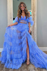 Sparkly Lovely Blue Tulle Gown with Off the Shoulder Design and Slit Prom Dress