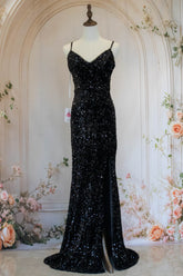 Sparkly Mermaid Spaghetti Straps Black Sequins Long Prom Dress with Criss Cross Back