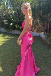 Sparkly Mermaid Spaghetti Straps Hot Pink Long Party Dress with Beading