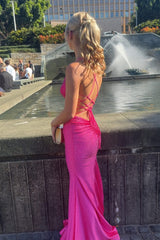 Sparkly Mermaid Spaghetti Straps Hot Pink Long Party Dress with Beading