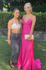 Sparkly Mermaid Spaghetti Straps Hot Pink Long Party Dress with Beading