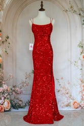 Sparkly Mermaid Spaghetti Straps Red Sequins Long Prom Dress with Criss Cross Back