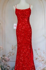 Sparkly Mermaid Spaghetti Straps Red Sequins Long Prom Dress with Criss Cross Back
