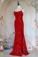 Sparkly Mermaid Spaghetti Straps Red Sequins Long Prom Dress with Criss Cross Back