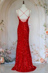 Sparkly Mermaid Spaghetti Straps Red Sequins Long Prom Dress with Criss Cross Back