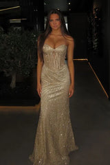 Sparkly Mermaid Spaghetti Straps Silver Corset Prom Dress with Beading