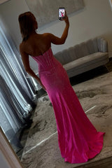 Sparkly Mermaid Strapless Hot Pink Long Prom Dress with Beading Split Front