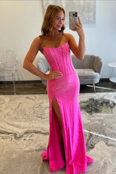 Sparkly Mermaid Strapless Hot Pink Long Prom Dress with Beading Split Front