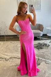 Sparkly Mermaid Strapless Hot Pink Long Prom Dress with Beading Split Front