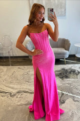 Sparkly Mermaid Strapless Hot Pink Long Prom Dress with Beading Split Front