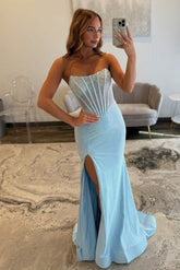 Sparkly Mermaid Strapless Light Blue Corset Prom Dress with Beading