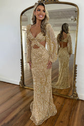 Sparkly Mermaid V-Neck Sequin Long Prom Dress with Long Sleeves