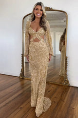 Sparkly Mermaid V-Neck Sequin Long Prom Dress with Long Sleeves