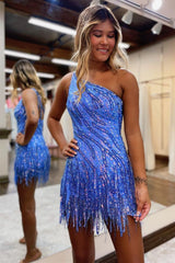 Sparkly One Shoulder Sequin Homecoming Dress with Tight Fit and Fringe Hem