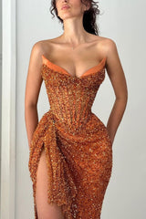 Sparkly Orange Strapless Sequin Prom Dress with Corset and Slit