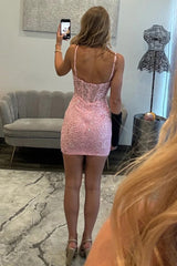 Sparkly Pink Lace Spaghetti Straps Homecoming Dress with Fitted Bodice