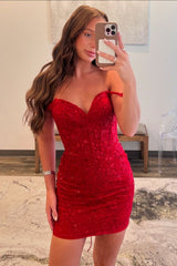 Elegant Red Bodycon Short Dress with Off The Shoulder and Lace Up Details Homecoming Dress