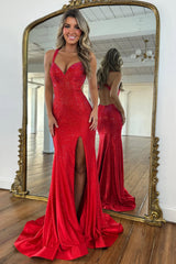 Sparkly Red Mermaid Criss-Cross Back Beaded Prom Gown with Slit