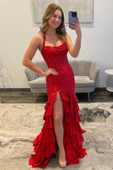 Sparkly Red Mermaid Halter Prom Dress with High Slit and Tiered Ruffle Skirt