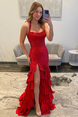 Sparkly Red Mermaid Halter Prom Dress with High Slit and Tiered Ruffle Skirt