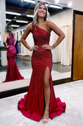 Sparkly Red One-Shoulder Sequin Mermaid Prom Dress with Slit