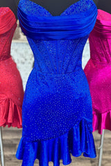 Sparkly Satin Corset Homecoming Dress with Ruffled Hem and Beading