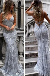 Sparkly Silver Appliqué Fitted Prom Gown with Crisscross Back