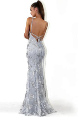 Sparkly Silver Appliqué Fitted Prom Gown with Crisscross Back