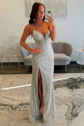 Sparkly Silver Beaded Mermaid Prom Dress with Deep V-Neck and Front Slit