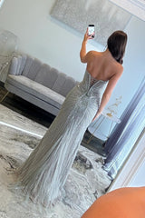 Sparkly Silver Beaded Mermaid Prom Dress with Deep V-Neck and Front Slit
