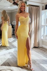Sparkly Yellow Spaghetti Straps Mermaid Gown with High Slit Prom Dress