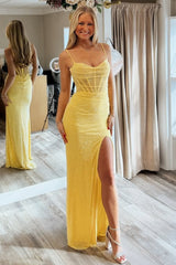 Sparkly Yellow Spaghetti Straps Mermaid Gown with High Slit Prom Dress