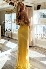 Sparkly Yellow Spaghetti Straps Mermaid Gown with High Slit Prom Dress