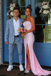 Sparkly Blush Pink Pearl Embellished Long Prom Dress with Side Slit