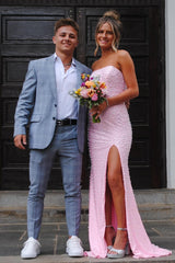 Sparkly Blush Pink Pearl Embellished Long Prom Dress with Side Slit