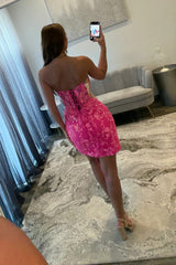 Sparkly Hot Pink Floral Lace Homecoming Dress with Sweetheart Neckline