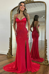 Sparkly Light Blue Spaghetti Straps Mermaid Corset Prom Dress with Slit