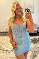 Sparkly Rhinestone Corset Mini Homecoming Dress with Sweetheart Neckline