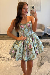 Strapless A-Line Floral Print Corset Homecoming Dress with Flared Skirt