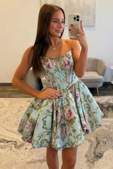 Strapless A-Line Floral Print Corset Homecoming Dress with Flared Skirt