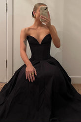 Strapless Black Formal Ball Gown with Structured Bodice