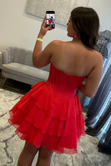 Strapless Corset Homecoming Dress with Rhinestone Trim & Tiered Ruffle Skirt