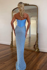 Strapless Corset Prom Dress in Blue with Pearl Beading & High Slit