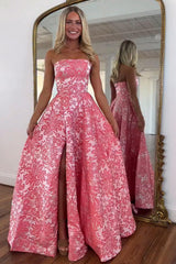 Strapless Floral Prom Dress with Front Slit Elegant A-Line Evening Gown