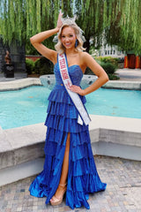 Strapless Hot A-Line Prom Dress with Keyhole Bodice Ruffle Skirt Slit and Lace Up Back